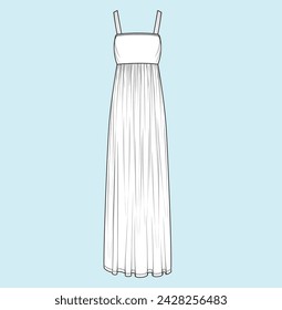 women a line dress, long dress flat sketch illustration 