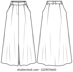 Women A line front slit  Skirt with pocket flat sketch illustration, Womens long  skirt font and back view technical drawing vector illustration