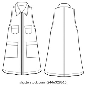 Women A line shirt collar dress design flat sketch fashion illustration with front and back view, Basic Sleeveless zipper front shift dress cad drawing vector template