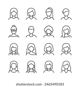 Women, linear style icons. Female faces with different hairstyles and images. Avatars. Variety of hairstyles and styles. Editable stroke width.