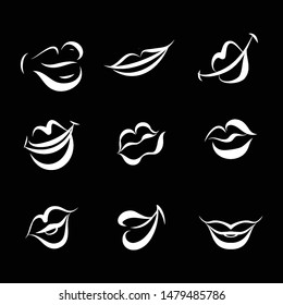 Women Lips on Black Background. Illustration Set of Doodle Womans Lips Expressing Different Emotions. Smile, Kiss, Half-Open. Isolated on Blackboard