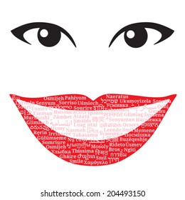 Women lips smile consisting of the word "Smile" in different languages of the world