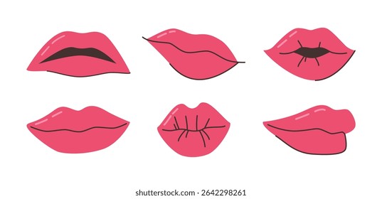 Mulheres lábios. Vetor boca feminina com batom em diferentes expressões. Moda objetos retrô para decoração expressando várias emoções como sorrir e beijar, beijos semiabertos e tristeza
