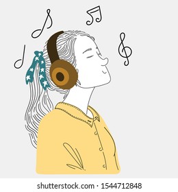 Women listen to their favorite songs with powerful headphones.Doodle art concept,illustration painting