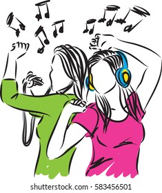 women listening music and dancing illustration
