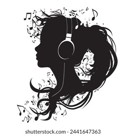 women listening to music with headphone silhouette