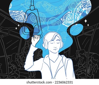 women listening music in metro, in subway train, eyes close, happy face, far way from monotonous life, moment of metro