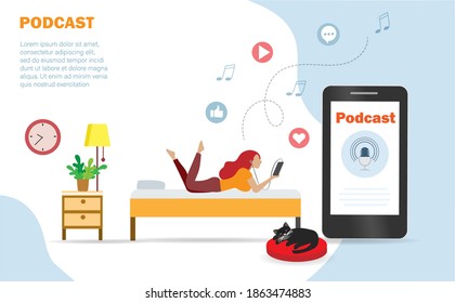 Women Listening To Podcast Online Broadcasting Application With Relaxing Manner In Bedroom. Social Media Player And Entertainment Technology Concept.