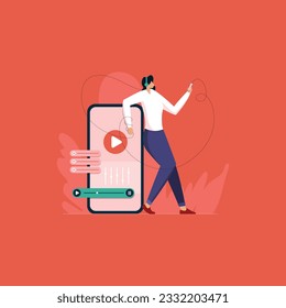Women listing music in headphone, Person with smartphone device, Technology and leisure time outdoor concept