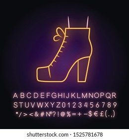 Women lita shoes neon light icon. Vintage ladies boots side view. Female retro high heels. Footwear design for fall. Glowing sign with alphabet, numbers and symbols. Vector isolated illustration