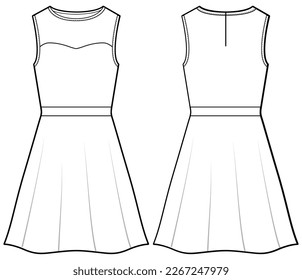 Frauen kleine schwarze Kleid Design flache Skizze Mode-Illustration mit Vor- und Rückansicht. Rund um den Hals schlankes Kleid mit Froschkissen, Vektorgrafik-Vorlage