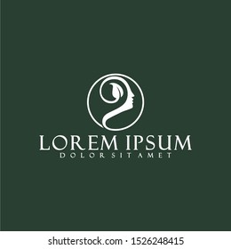 Women logo template with cursive line art beauty face and leaf illustration in flat design monogram illustration
