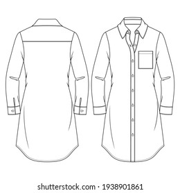 Women Long Blouse flat fashion sketch template. Technical Fashion Illustration. Girls Shirt Dress. Buttoned Front. Chest pocket