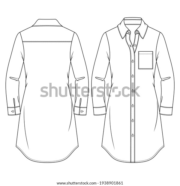 Women Long Blouse flat fashion sketch template.\
Technical Fashion Illustration. Girls Shirt Dress. Buttoned Front.\
Chest pocket