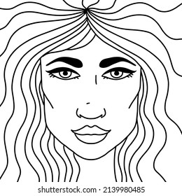 Women with long hair. Girl portrait on white background. Vector illustration. Adult coloring.
