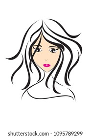 women long hair style icon, girl face, logo women, salon sign, beauty lady, spa, cartoon, vector illustration