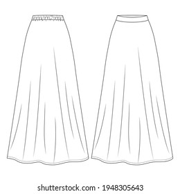 Women Long Maxi Length Skirt Fashion Flat Sketch Template. Girls Technical Fashion Illustration. A-Line With Elastic At Back