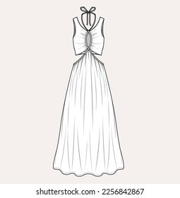 women long party dress flat sketch illustration