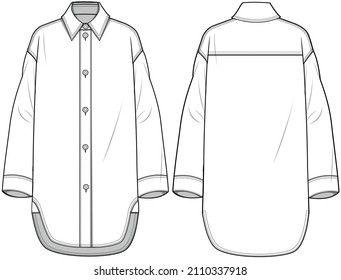 Women Long Shirt, Baggy Shirts, Shirt Dress, Shirt Dress, Kurta, Front and Back View. fashion illustration vector, CAD, technical drawing, flat drawing.	