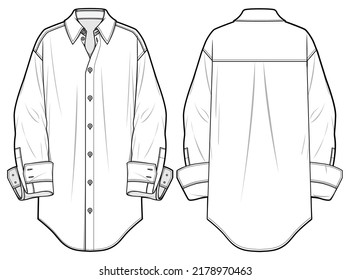 Camisa larga, camiseta equipaje, mujer con novio de tamaño excesivo cortan la camisa Front and Back View. vector de ilustración de moda, CAD, dibujo técnico, plano plano.