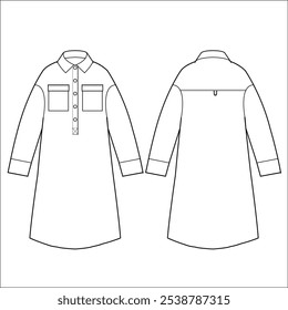 Women Long Shirt, Baggy Shirts, Shirt Dress, Shirt Dress, Kurta, Front and Back View. fashion illustration vector, CAD, technical drawing, flat drawing.