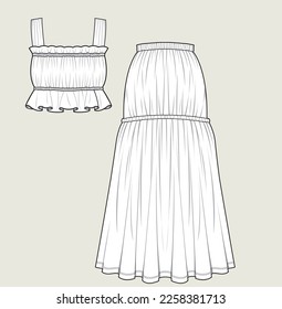 women long skirt with blouse party wedding dress flat sketch illustration