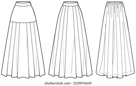 Women long  Skirt flat sketch vector illustration, Set of womens long Full length skirt for casual wear fashion technical drawing vector template mock up