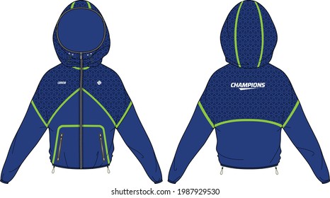 Women Long sleeve Anorak Hoodie jacket design template in vector, popover Hooded jacket with front and back view, windcheater winter jacket for girl and women. for Running and workout in winter.