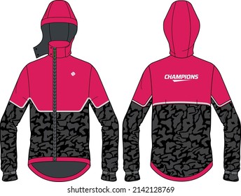 Women Long sleeve Anorak Hoodie jacket design flat sketch illustration, popover Hooded jacket with front and back view, windcheater winter jacket for girl and women. for hiking and workout in winter.