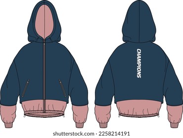 La chaqueta Anorak Hoodie de manga larga de las mujeres diseña un dibujo plano ilustrativo, pover la chaqueta Hooded con vista frontal y posterior, chaleco de invierno para las niñas y las mujeres. para practicar senderismo y ejercicio en invierno.