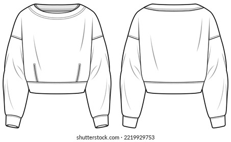 Women Long sleeve Crop top T-Shirt diseño dibujo plano ilustración de moda con vista frontal y trasera. Sudadera de hombro de tamaño superior camiseta de punto superior