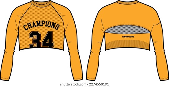 Women Long Sleeve Crop top t-shirt design flat sketch vector Illustration suitable Sports jersey design concept, sports Training wear, Casual t shirt concept.