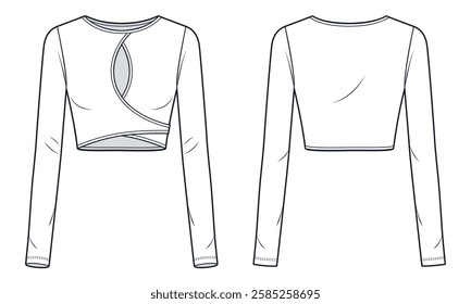 Women Long Sleeve Crop Top Technical Fashion Illustration. Asymmetrical Crop Top fashion flat technical drawing template, boat neck, cutout, slim fit, wrap, front, back view, white,  women CAD mockup.