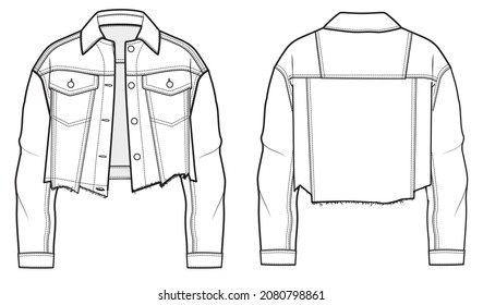 Women Long Sleeve Drop Shoulder Denim Jacket With Raw Hem Front And Back View Template Vector Illustration