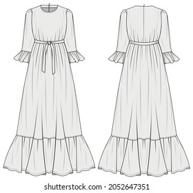 Women , Long Sleeve Frill Hem Maxi Dress with belt Front and Back View. fashion illustration vector, technical drawing, flat drawing.