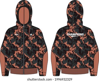 Women Long sleeve Hoodie jacket sweatshirt camouflage design template in vector, girls Hooded jacket sweater with front and back view, hooded winter jacket for ladies to Running and workout in winter