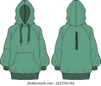 Women Long sleeve Hoodie jacket sweatshirt design flat sketch illustration, girls Hooded jacket sweater with front and back view, long hem hooded winter jacket for Running and workout in winter