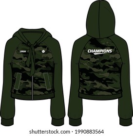 Women Long sleeve  Hoodie sweatshirt camouflage design template in vector, girls Hooded jacket sweater with front and back view, hooded winter jacket for ladies to Running and workout in winter
