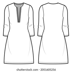 Women Long Sleeve Mandarin Deep Neck Shift Dress, Kurta Front and Back View. fashion illustration vector, CAD, technical drawing, flat drawing.