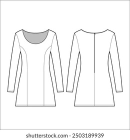 Women Long Sleeve Mandarin Deep Neck Shift Dress, Kurta Front and Back View. fashion illustration vector, CAD, technical drawing, flat drawing