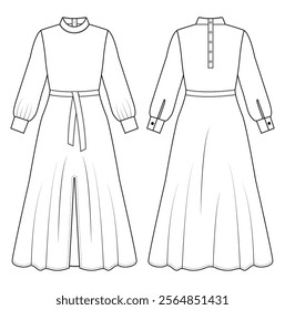 women long sleeve maxi Poet Sleeve dress design vector fashion flat sketch template