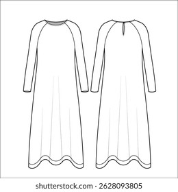 women long sleeve maxi Poet Sleeve dress design vector fashion flat sketch template