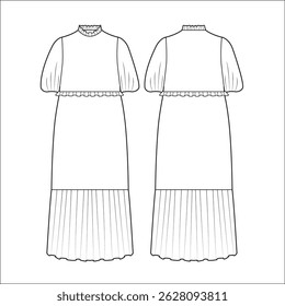 women long sleeve maxi Poet Sleeve dress design vector fashion flat sketch template