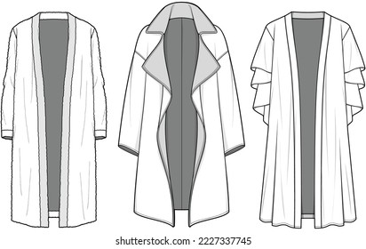 Women Long Sleeve Overcoat Cardigan Sets Fashion Illustration, Vector, CAD, Technical Drawing, Flat Drawing, Template, Mockup	