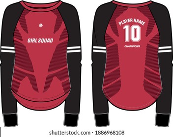 Women Long Sleeve Raglan t-shirt, Sports Jersey design concept Illustration Vector template suitable for girls and Ladies for Soccer, Cricket, Football, Volleyball and Baseball Jersey designs