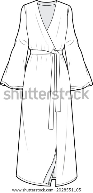 women long sleeve robe dress flat sketch\
vector illustration