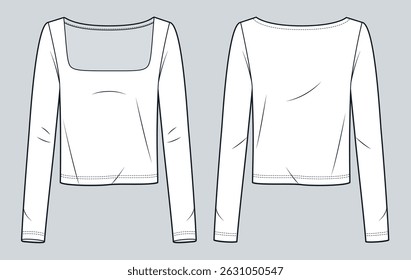 Women Long Sleeve Shirt Fashion Flat Sketch. Square Neck Top fashion flat technical drawing template, front and back view, regular fit, white, women CAD mockup.