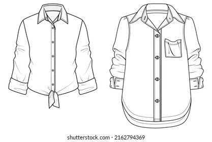 Women Long Sleeve Shirt Flat Sketch Vector Illustration. Button Down Collar Shirt Technical Drawing, Apparel Template Cad Mockup. Isolated On White Background.