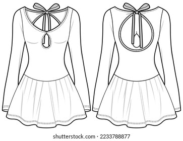 Women Long sleeve Skater dress design flat sketch fashion illustration with front and back view.