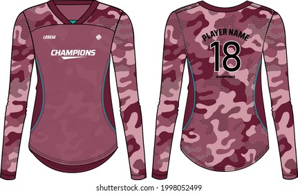 Women Long Sleeve Sports Jersey t-shirt design in camouflage pattern Illustration suitable for girls and Ladies for Volleyball jersey, Football, Soccer and netball. Sport uniform kit for sports